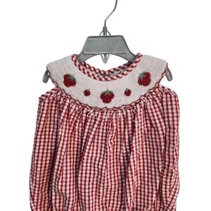 Castles and Crowns Vintage Girls Smocked Gingham Strawberry Bubble Romper 6M